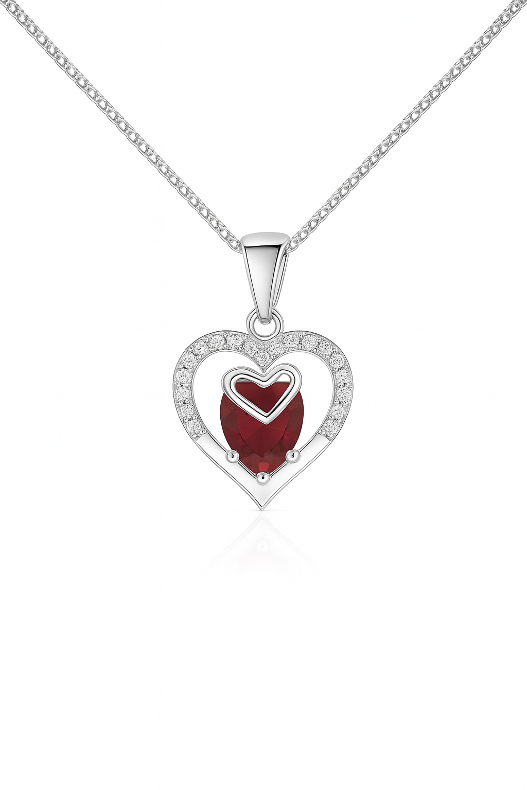 925 Silver Ruby Heart Pendant, Ring & Earrings Set