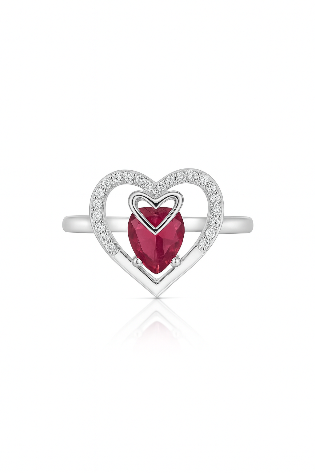 925 Silver Ruby Heart Pendant, Ring & Earrings Set